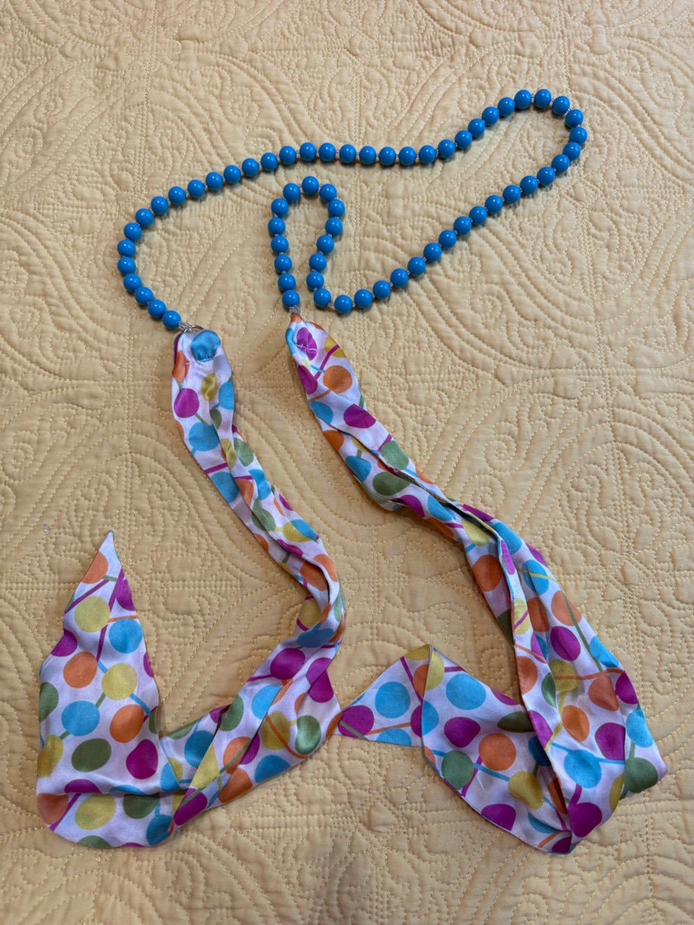 Talbots Blue Beaded Belt with Multicolor Polka Dot Silk Scarf